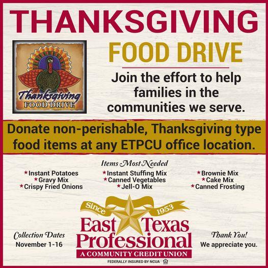 Thanksgiving Food Drive - East Texas Prof. Credit Union