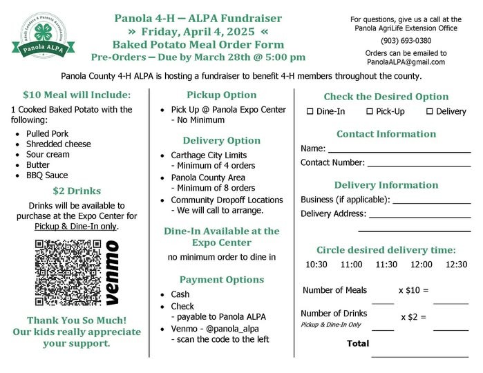 Panola 4-H ALPA Fundraiser  PRE ORDERS DUE